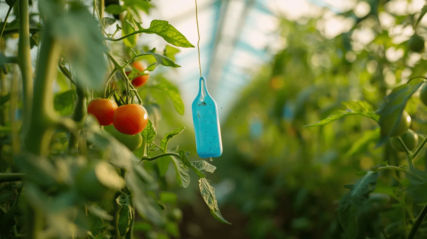Blautafel zur Kontrolle fliegender Schädlinge im Tomatenbeet Blautafel zur Kontrolle fliegender Schädlinge im Tomatenbeet