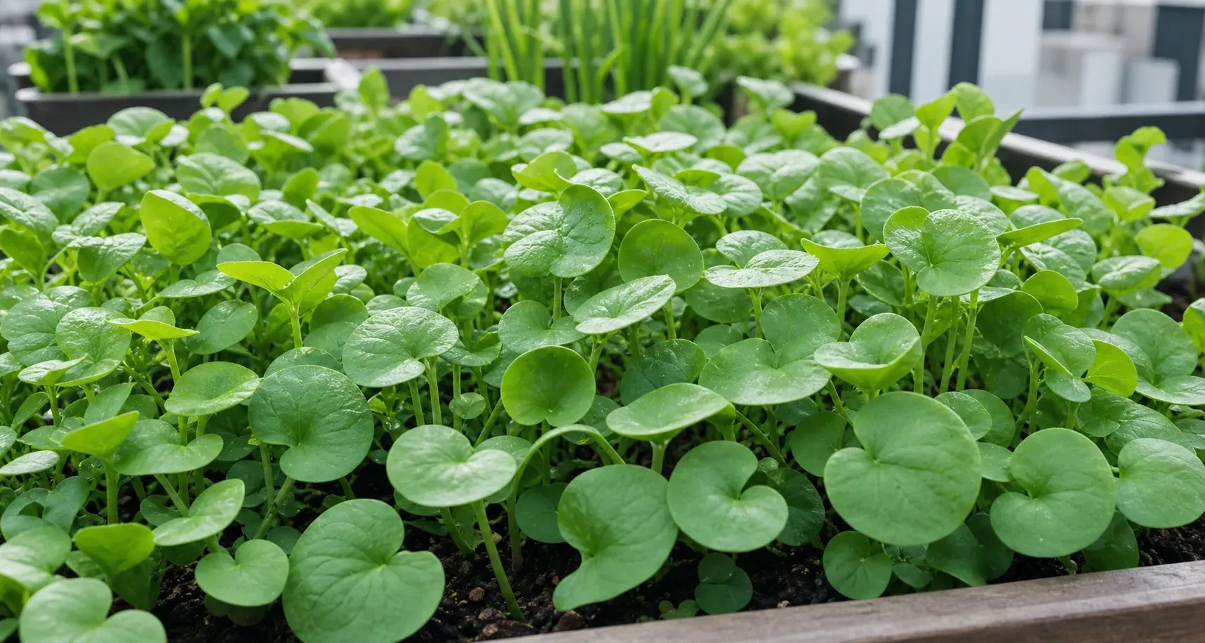 Winterportulak mit frischen runden Blättern im kühlen Beet Winterportulak mit frischen runden Blättern im kühlen Beet
