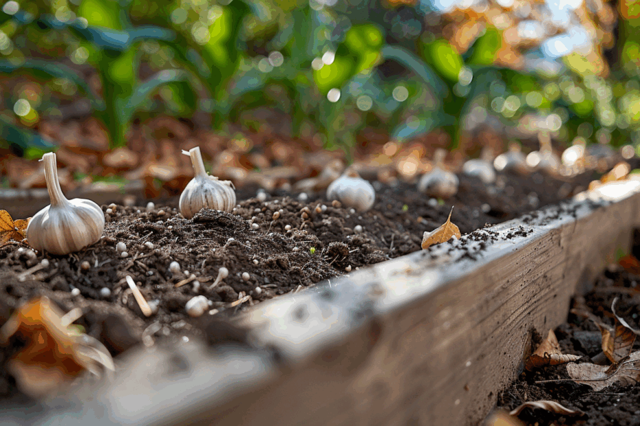Knoblauch gesetzt im Hochbeet