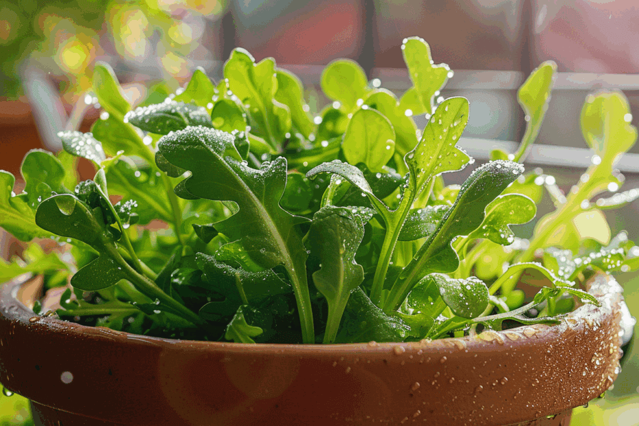 Rucola auf dem Balkon im Topf