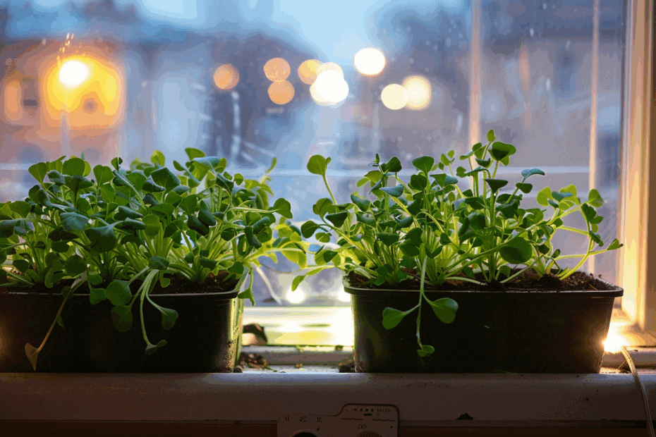 Rucola auf der Fensterbank im Pflanzcontainer