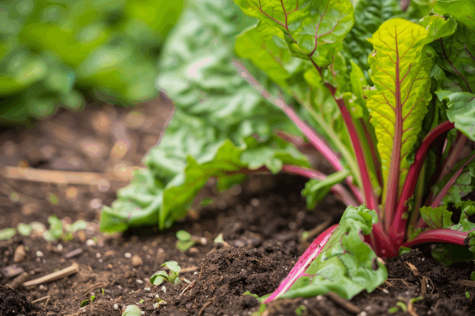 Mangold im Hochbeet mit Laubmulch zur Feuchteregulierung und Schossen-Vorbeugung.