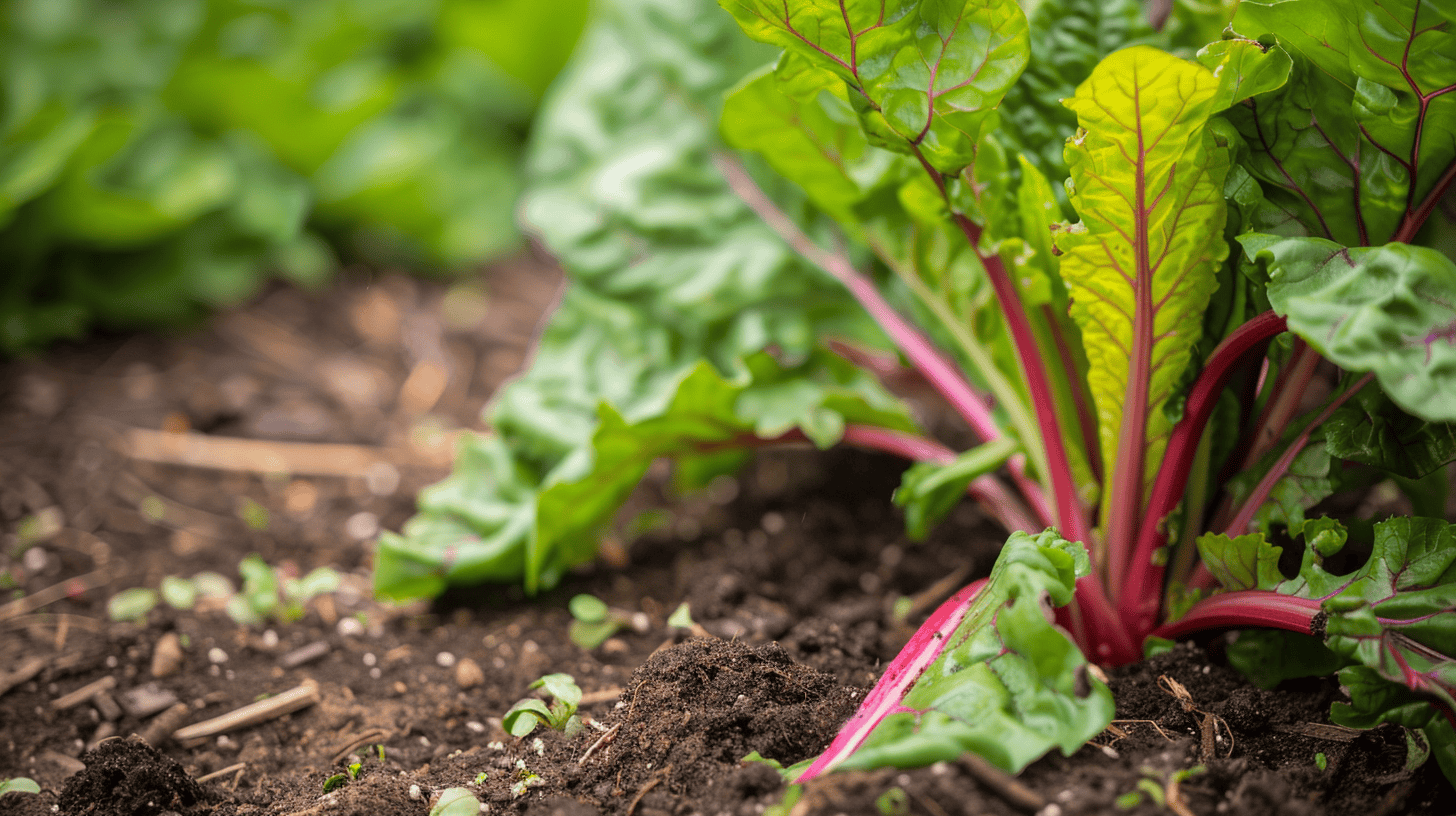 Mangold im Hochbeet mit Laubmulch zur Feuchteregulierung und Schossen-Vorbeugung.