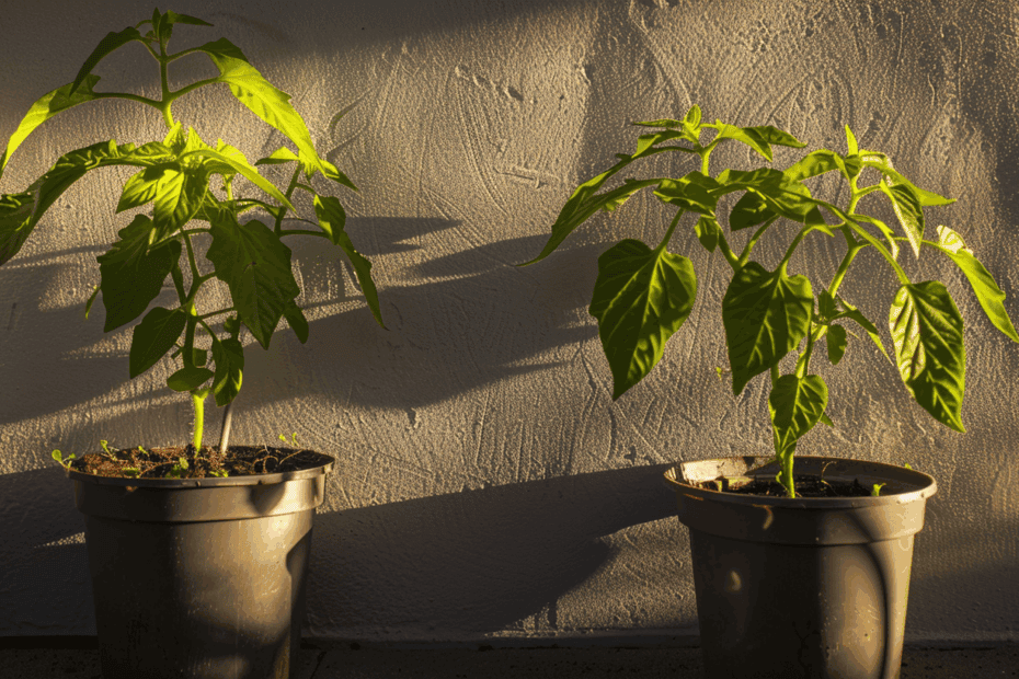 Tomatenblätter mit sichtbarem Abstand im Gegenlicht für gute Belüftung.