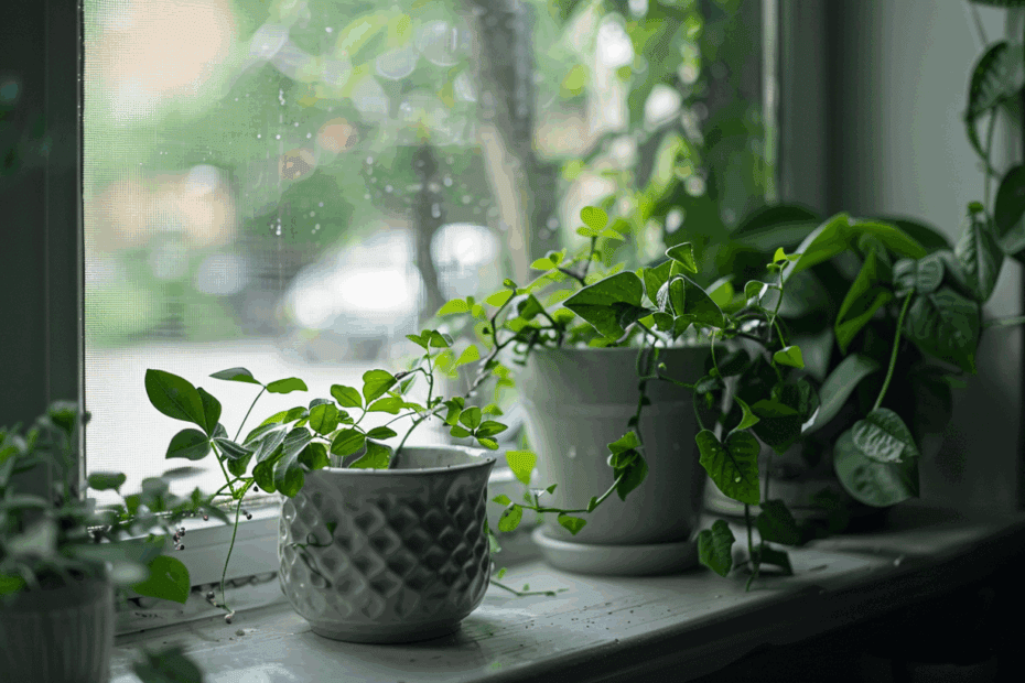 Fenster mit dezentem Insektennetz nahe Zimmerpflanzen als Schutz vor Thripsen.