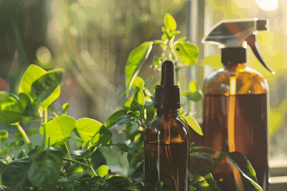 Neem-Öl in Amberflasche und Sprühflasche zur Anwendung gegen Thripse an Gemüsepflanzen.