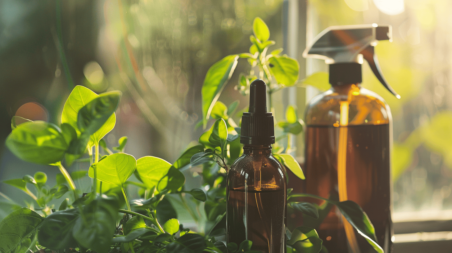 Neem-Öl in Amberflasche und Sprühflasche zur Anwendung gegen Thripse an Gemüsepflanzen.